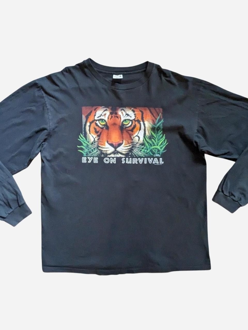 vintage 1993 eye on survival black long sleeve cotton t-shirt with tiger graphic